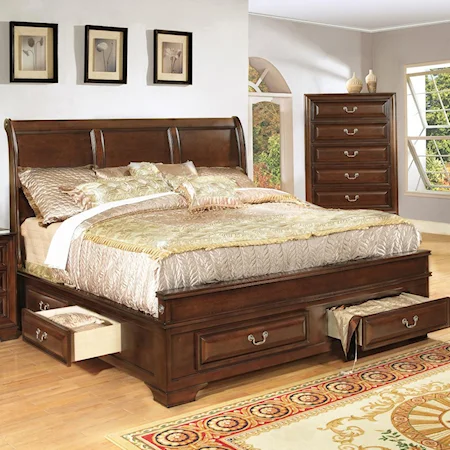 California King Transitional Cherry Panel Bed with Storage